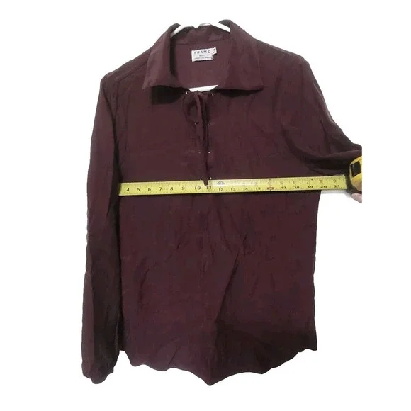 FRAME Le Lace Up Blouse Womens Size M 100% Silk Mahogany Maroon Tie Front - Picture 5 of 8